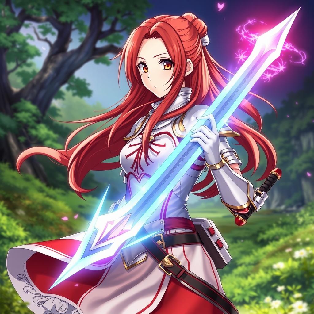 a detailed portrait of Asuna Yuuki, the fictional character from Sword Art Online, wearing her iconic white and red knight outfit with light armor, carrying her signature rapier