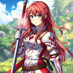 a detailed portrait of Asuna Yuuki, the fictional character from Sword Art Online, wearing her iconic white and red knight outfit with light armor, carrying her signature rapier