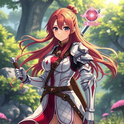 a detailed portrait of Asuna Yuuki, the fictional character from Sword Art Online, wearing her iconic white and red knight outfit with light armor, carrying her signature rapier