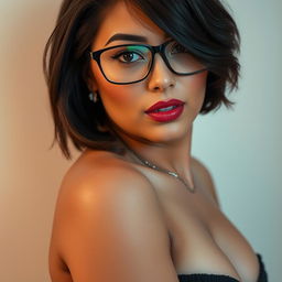 A voluptuous 19-year-old brunette woman with short hair and captivating brown eyes