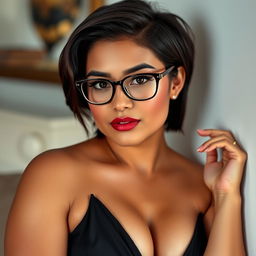 A voluptuous 19-year-old brunette woman with short hair and captivating brown eyes