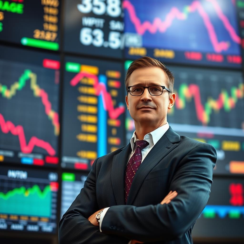 A confident investor standing in front of a large stock market screen, displaying fluctuating graphs and numbers