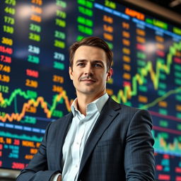 A confident investor standing in front of a large stock market screen, displaying fluctuating graphs and numbers