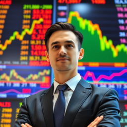 A confident investor standing in front of a large stock market screen, displaying fluctuating graphs and numbers