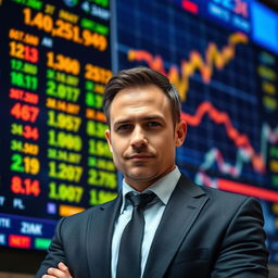 A confident investor standing in front of a large stock market screen, displaying fluctuating graphs and numbers