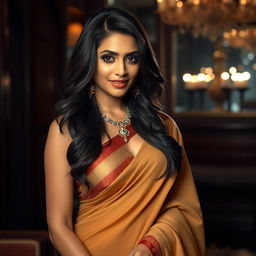 A sultry and alluring Indian woman in elegant yet seductive attire, exuding confidence and sensuality