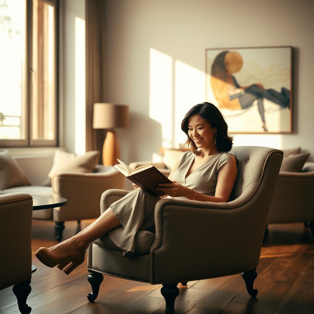 An elegant brunette woman with medium-length hair is seated in a classic armchair in a stylish living room