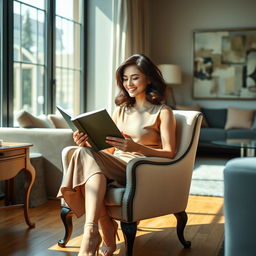 An elegant brunette woman with medium-length hair is seated in a classic armchair in a stylish living room