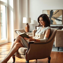 An elegant brunette woman with medium-length hair is seated in a classic armchair in a stylish living room