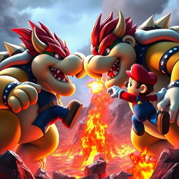 A dramatic and intense scene featuring Bowser and Mario in an epic duel