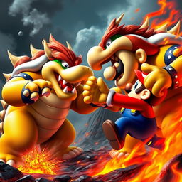 A dramatic and intense scene featuring Bowser and Mario in an epic duel