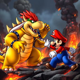 A dramatic and intense scene featuring Bowser and Mario in an epic duel