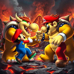 A dramatic and intense scene featuring Bowser and Mario in an epic duel