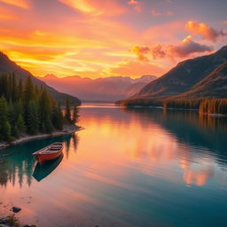 A serene landscape at sunset showcasing a calm lake with crystal-clear water reflecting the vibrant colors of the sky