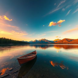 A serene landscape at sunset showcasing a calm lake with crystal-clear water reflecting the vibrant colors of the sky