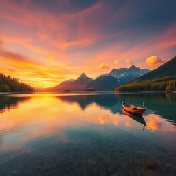 A serene landscape at sunset showcasing a calm lake with crystal-clear water reflecting the vibrant colors of the sky