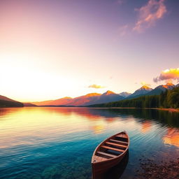 A serene landscape at sunset showcasing a calm lake with crystal-clear water reflecting the vibrant colors of the sky