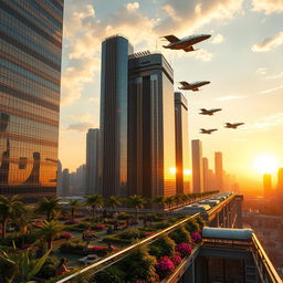 A futuristic cityscape at sunset with towering skyscrapers and flying cars zooming through the sky