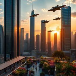 A futuristic cityscape at sunset with towering skyscrapers and flying cars zooming through the sky