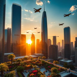 A futuristic cityscape at sunset with towering skyscrapers and flying cars zooming through the sky