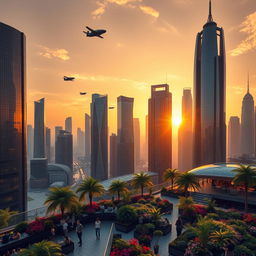 A futuristic cityscape at sunset with towering skyscrapers and flying cars zooming through the sky