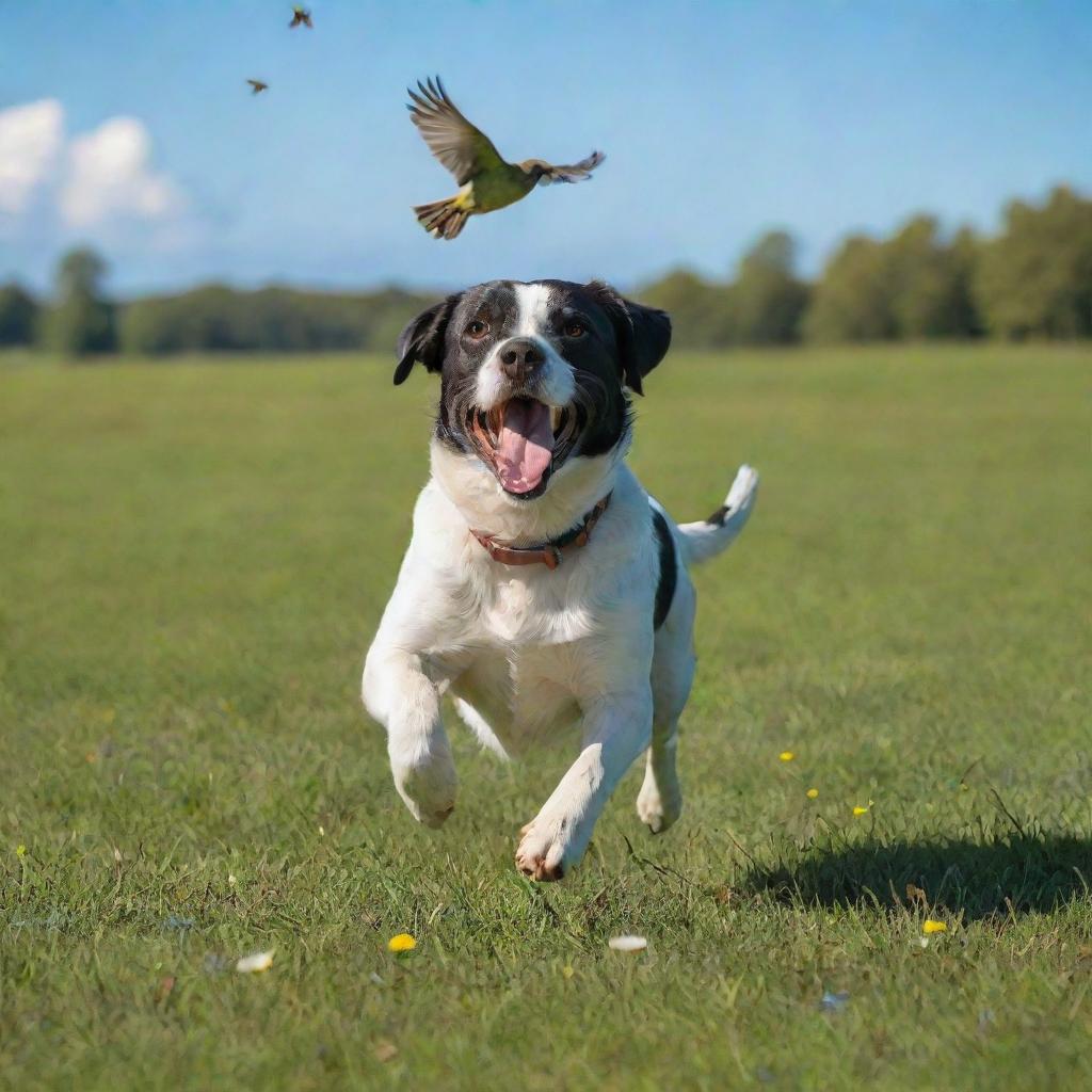 A playful dog energetically chasing a fluttering bird across a vibrant green meadow under a bright blue sky.