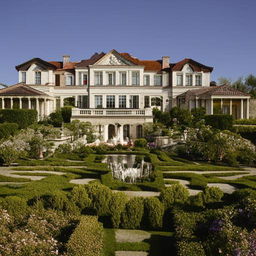 A grand, elegant house with finely detailed architecture, surrounded by a lush, serene garden under a bright, clear sky