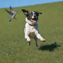 A playful dog energetically chasing a fluttering bird across a vibrant green meadow under a bright blue sky.