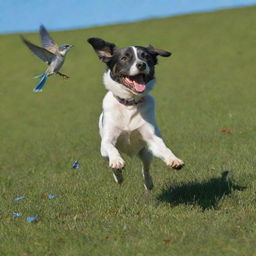 A playful dog energetically chasing a fluttering bird across a vibrant green meadow under a bright blue sky.