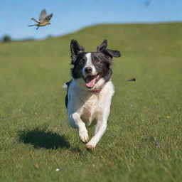 A playful dog energetically chasing a fluttering bird across a vibrant green meadow under a bright blue sky.