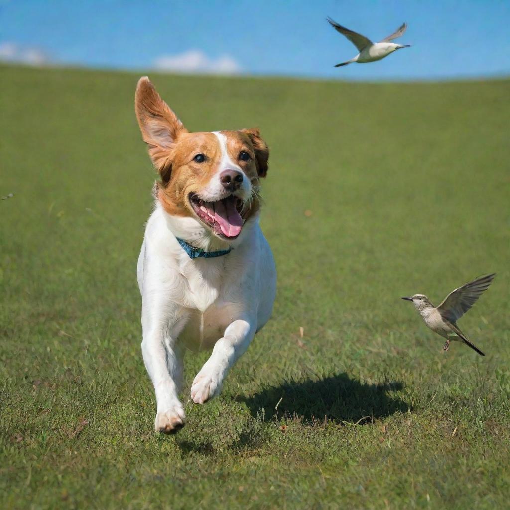 A playful dog energetically chasing a fluttering bird across a vibrant green meadow under a bright blue sky.