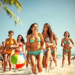 Group of teenagers enjoying a summer beach party, vibrant swimsuits, sunlit background, playing with a beach ball, splashing in the water, laughter and joy among friends, youthful energy, clear blue sky, palm trees swaying, fun and excitement in the air