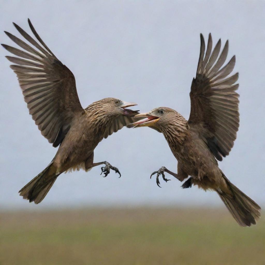 Two aggressive birds in mid-air combat, with feathers flying and beaks aiming at each other