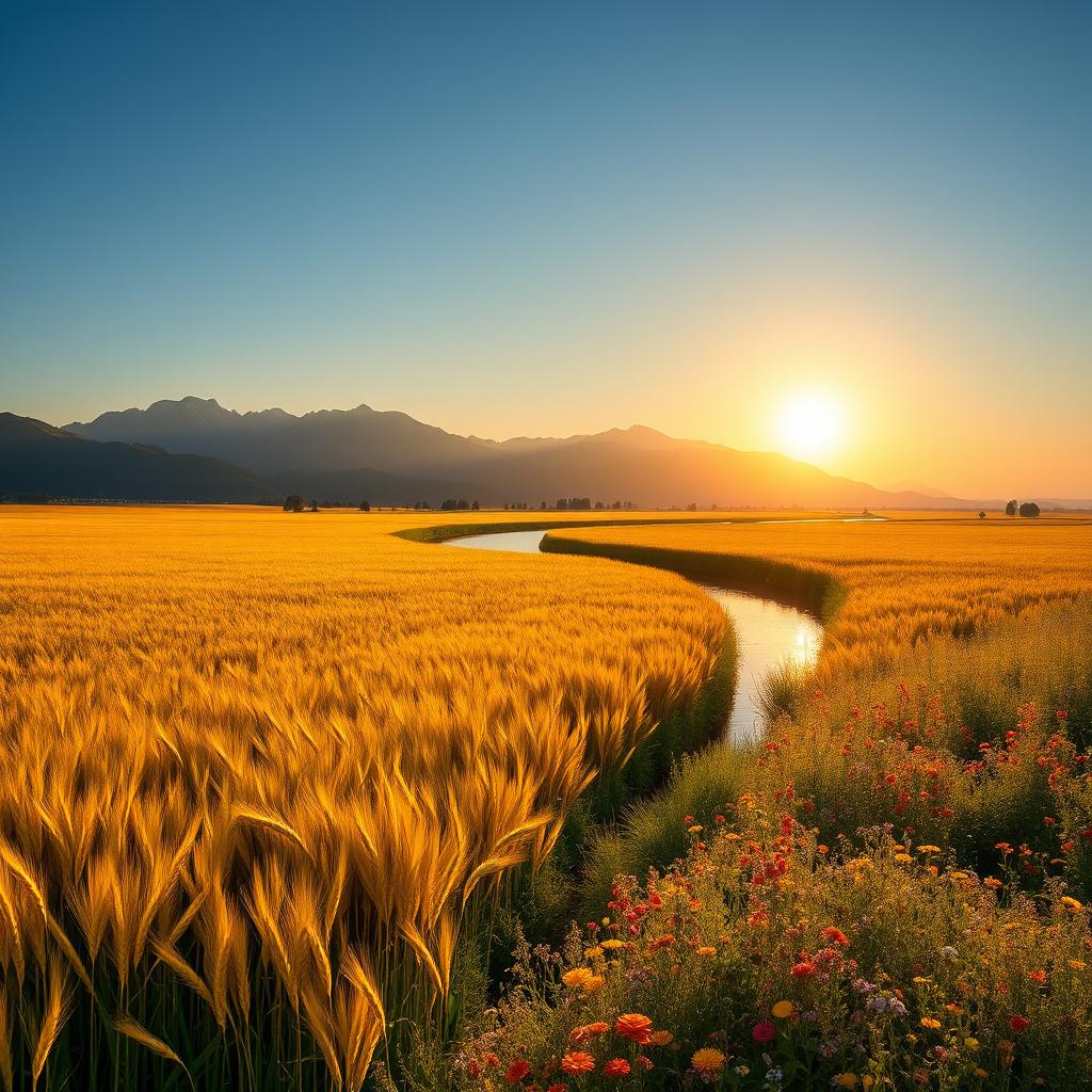 a stunning landscape with vast fields of golden wheat swaying gently in the wind under a clear blue sky