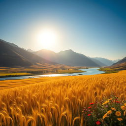 a stunning landscape with vast fields of golden wheat swaying gently in the wind under a clear blue sky