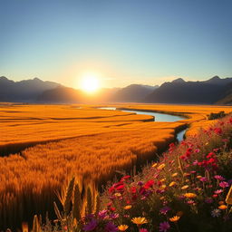 a stunning landscape with vast fields of golden wheat swaying gently in the wind under a clear blue sky