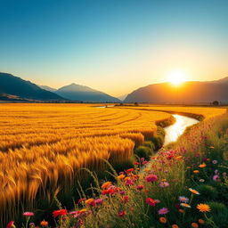 a stunning landscape with vast fields of golden wheat swaying gently in the wind under a clear blue sky