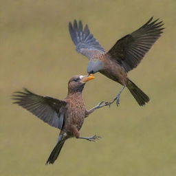 Two aggressive birds in mid-air combat, with feathers flying and beaks aiming at each other