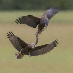 Two aggressive birds in mid-air combat, with feathers flying and beaks aiming at each other