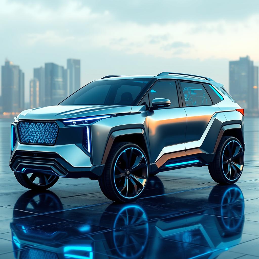 A futuristic and unique SUV with a sleek aerodynamic design, featuring a seamless fusion of modern technology and luxury aesthetics