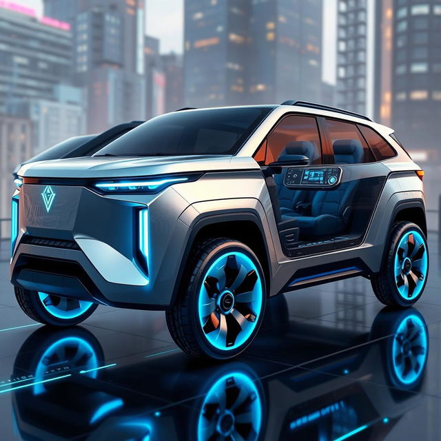 A futuristic and unique SUV with a sleek aerodynamic design, featuring a seamless fusion of modern technology and luxury aesthetics