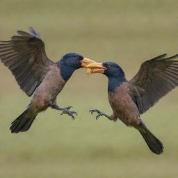 Two aggressive birds in mid-air combat, with feathers flying and beaks aiming at each other