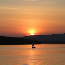 sunset over a tranquil lake with a silhouette of a lone sailboat