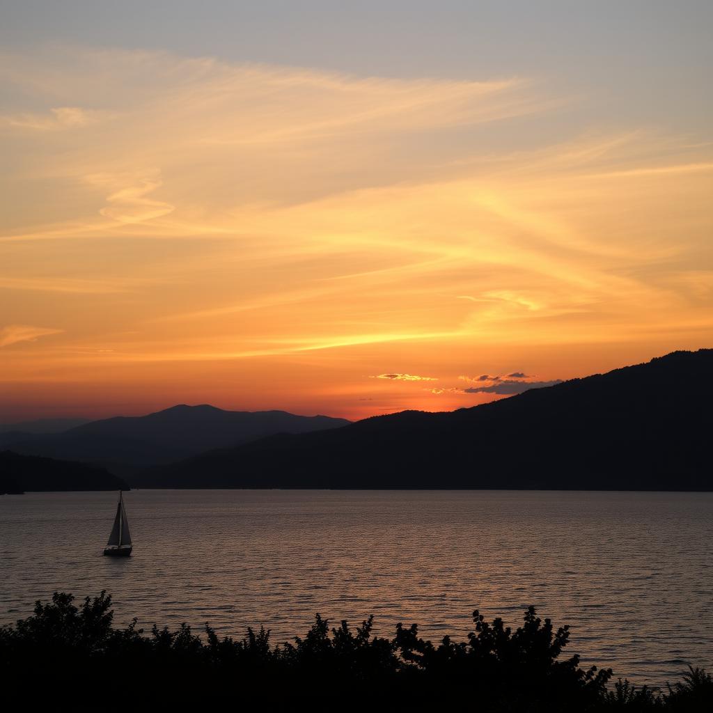 sunset over a tranquil lake with a silhouette of a lone sailboat