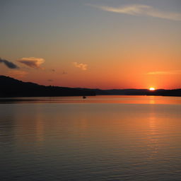 sunset over a tranquil lake with a silhouette of a lone sailboat