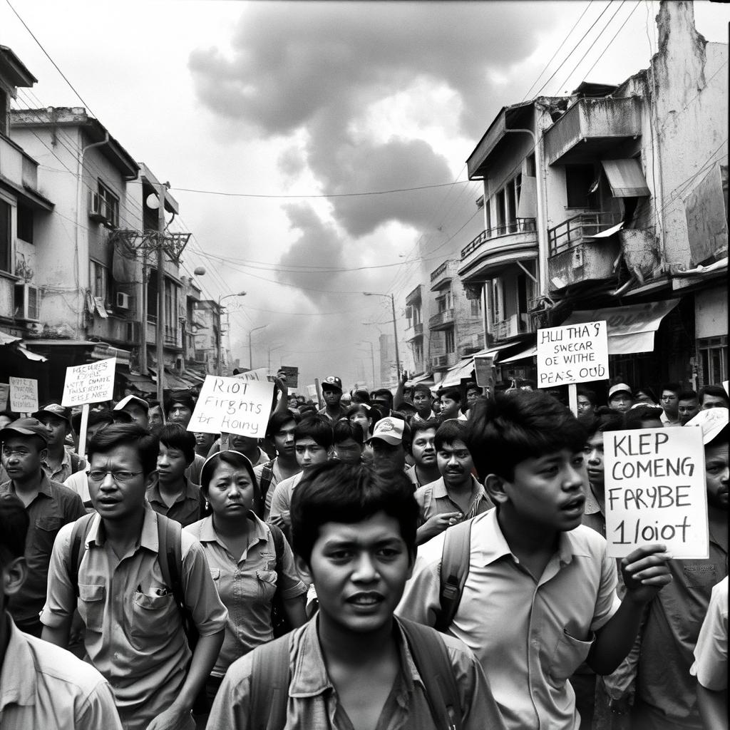 a black and white photograph portraying the 1998 riot events in Indonesia