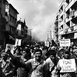 a black and white photograph portraying the 1998 riot events in Indonesia