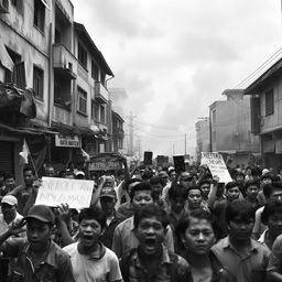 a black and white photograph portraying the 1998 riot events in Indonesia