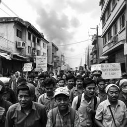 a black and white photograph portraying the 1998 riot events in Indonesia