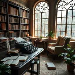 A peaceful writer's room with a dark wooden desk, a vintage typewriter, and scattered pages of manuscript